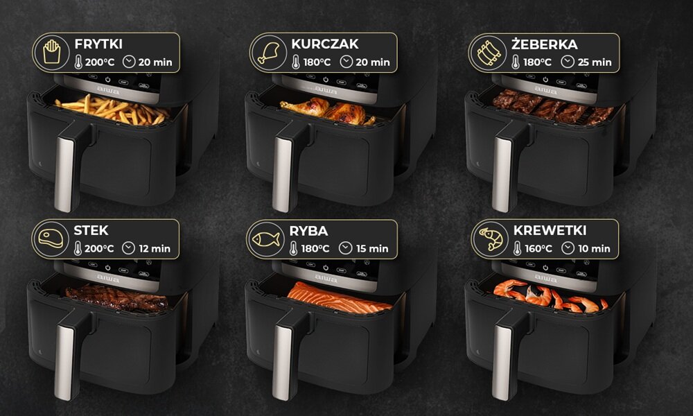 Air Fryer Frytkownica beztłuszczowa AIWA AFR-7000 Chukuma Czarny dania z mniejsza ilością tłuszczu, zdrowsze posiłki, lekkie i smaczne jedzenie