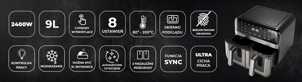 Air Fryer Frytkownica beztłuszczowa AIWA AFR-9000 Futago cyfrowy panel sterowania, dotykowy, 8 automatycznych trybów, szybkie dopasowanie ustawień