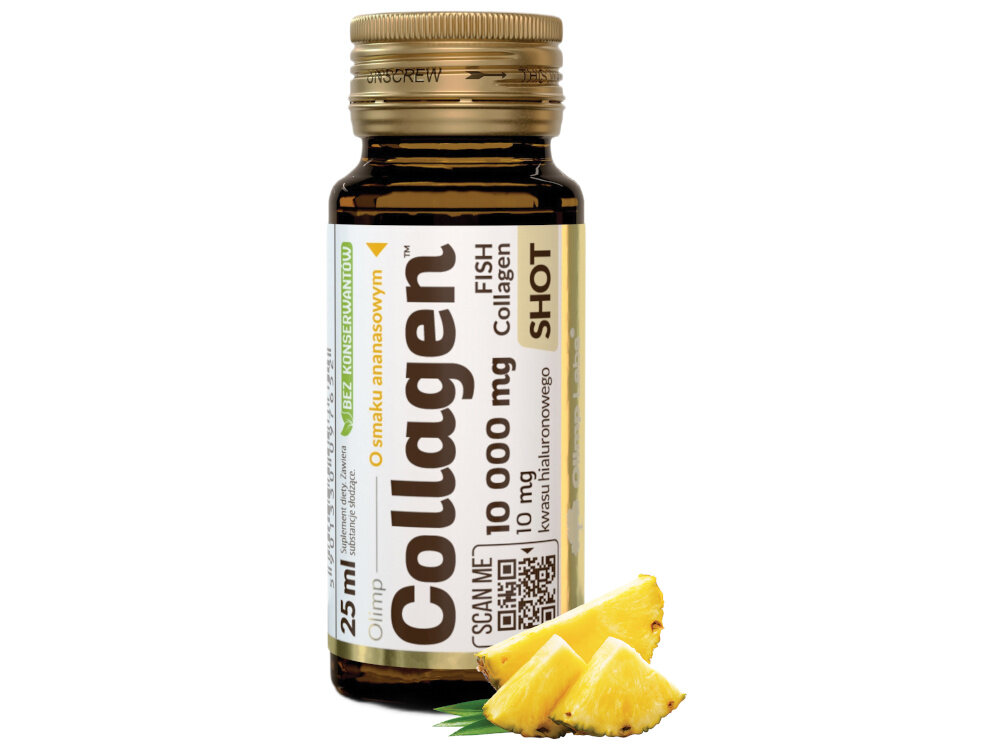Kolagen OLIMP Collagen Shot Ananasowy 25 ml buteleczka na białtm tle obok pokrojoy ananas kondycja suplemen dla każdego zdrowie