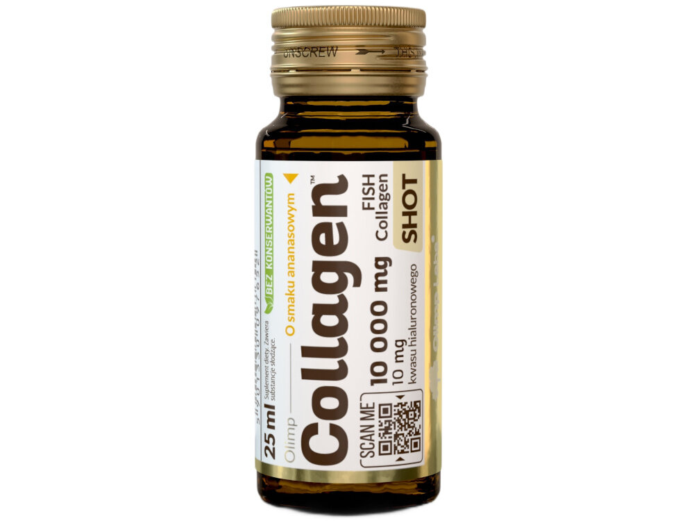 Kolagen OLIMP Collagen Shot Ananasowy 25 ml buteleczka na białym tle wygoda stosowania gotowy do spozycia kolagenowy shot marka Olimp Labs 7 wysokiej jakosci skladnikow aktywnych do 10 g kolagenu rybiego w jednej porcji zadba o skore wlosy paznokcie szklana ampulka orzezwiajacy ananasowy smak