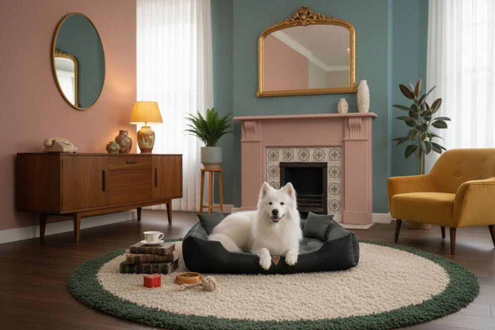 Legowisko dla psa OSKAR Comfortable wodoodporne z dwiema poduszkami gratis widok z góry Puszysty biały pies rasy Samoyed leży w legowisku Oskar w stylowym, kolorowym salonie z różowym kominkiem, turkusową ścianą i okrągłym dywanem