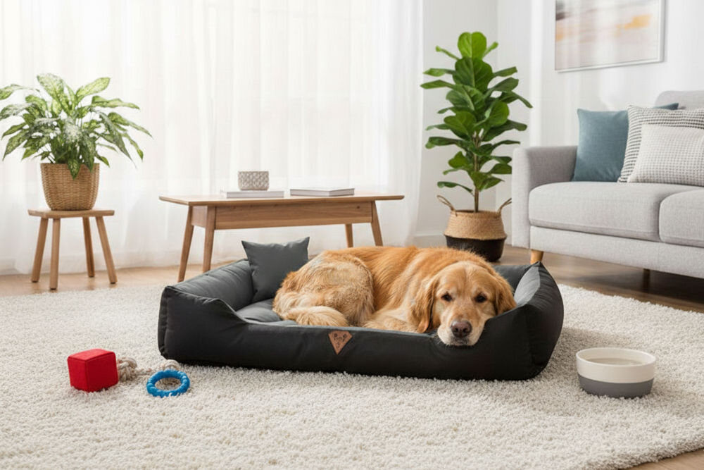 Legowisko dla psa OSKAR Comfortable wodoodporny materiał z poduszkami podczas użytkowania przez psa Złoty retriever leży na boku, z głową na boku legowiska Oskar w nowoczesnym, przytulnym salonie z jasnym dywanem, drewnianym stolikiem kawowym i szarą sofą