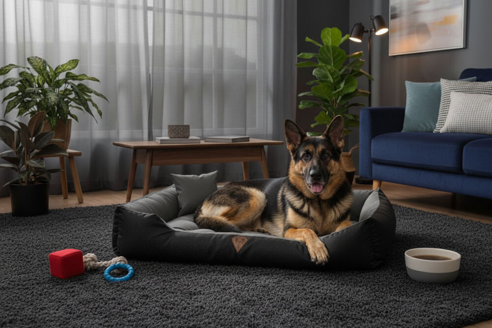 Legowisko dla psa OSKAR Comfortable materiał odporny na zadrapania zbliżenie na strukturę tkaniny Owczarek niemiecki (wilczur) leży, opierając łapy na boku legowiska Oskar na ciemnoszarym, włochatym dywanie. W tle granatowa kanapa i nowoczesna lampa podłogowa