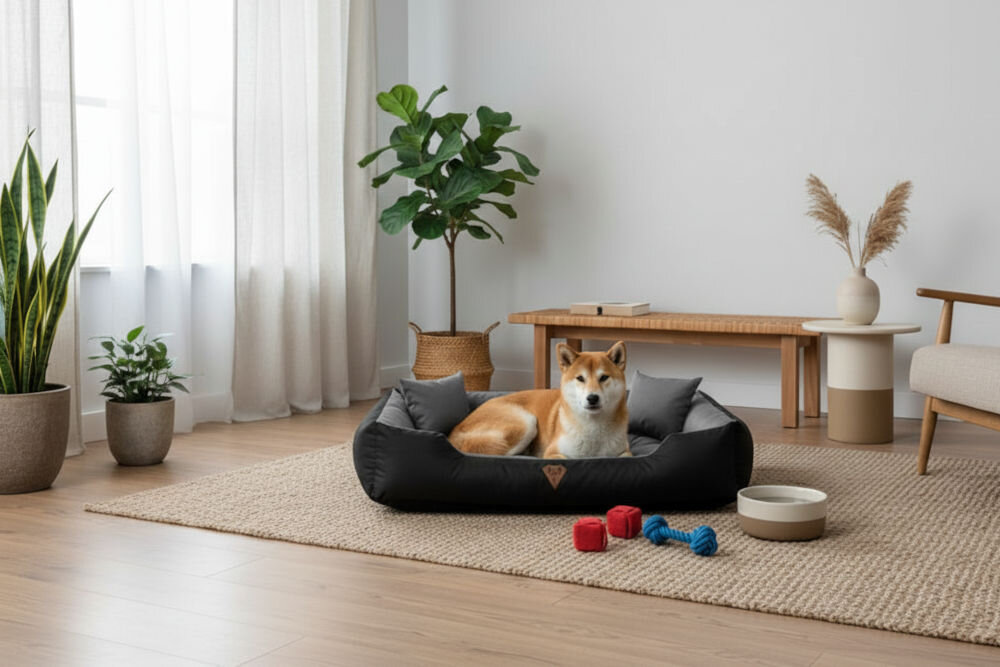 Legowisko dla psa OSKAR Comfortable czyszczenie mokrą szmatką usuwanie zabrudzeń Pies rasy Shiba Inu siedzi w legowisku Oskar na beżowym dywaniku. W tle nowoczesna, jasna przestrzeń z drewnianą ławą i roślinami