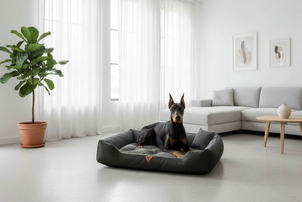 Legowisko dla psa OSKAR Comfortable różne kolory i wzory wkomponowane w wystrój wnętrza salonu Duży czarny doberman leży w legowisku Oskar w minimalistycznym, jasnym salonie z białą kanapą narożną, dużym oknem z firankami oraz wysoką rośliną (fikus) w donicy
