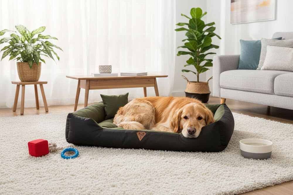 Legowisko dla psa OSKAR Comfortable wodoodporny materiał z poduszkami podczas użytkowania przez psa Złoty retriever leży na boku, z głową na boku legowiska Oskar w nowoczesnym, przytulnym salonie z jasnym dywanem, drewnianym stolikiem kawowym i szarą sofą