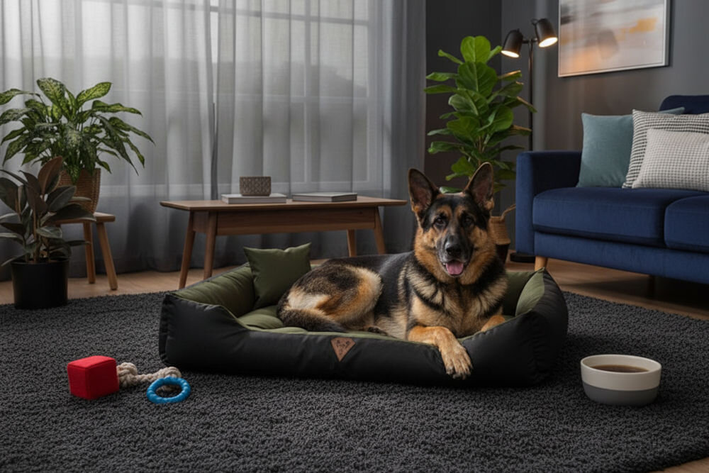 Legowisko dla psa OSKAR Comfortable materiał odporny na zadrapania zbliżenie na strukturę tkaniny Owczarek niemiecki (wilczur) leży, opierając łapy na boku legowiska Oskar na ciemnoszarym, włochatym dywanie. W tle granatowa kanapa i nowoczesna lampa podłogowa