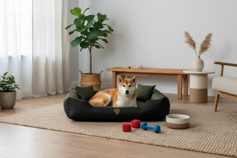 Legowisko dla psa OSKAR Comfortable czyszczenie mokrą szmatką usuwanie zabrudzeń Pies rasy Shiba Inu siedzi w legowisku Oskar na beżowym dywaniku. W tle nowoczesna, jasna przestrzeń z drewnianą ławą i roślinami