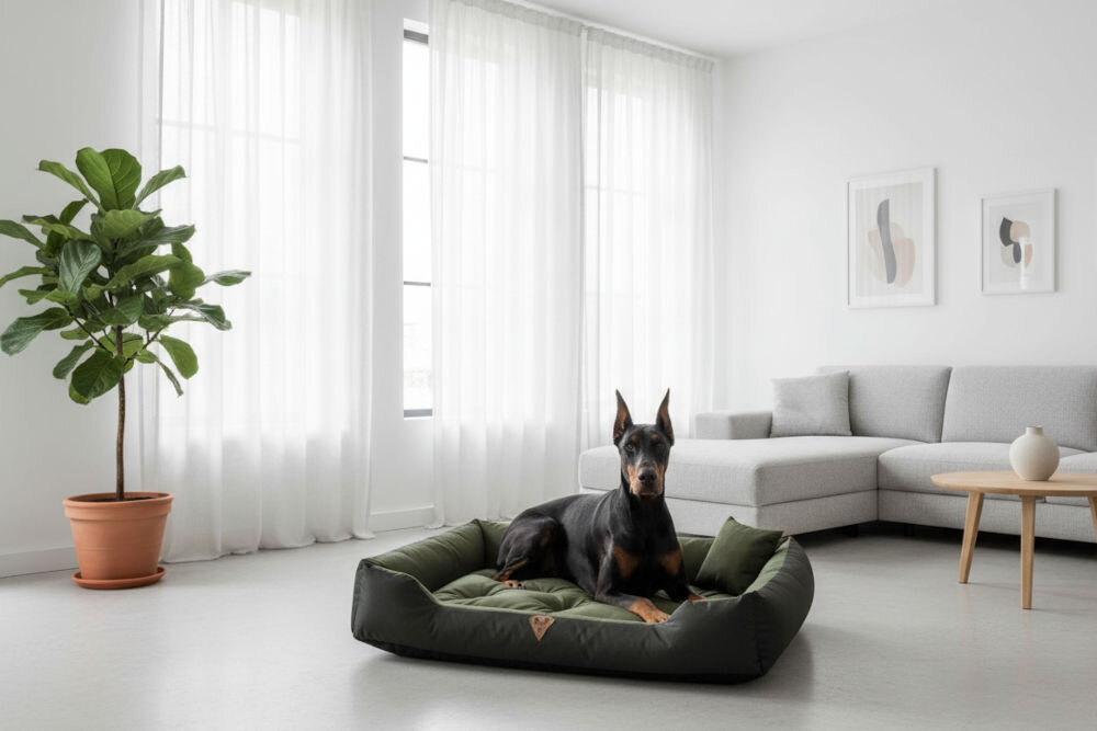 Legowisko dla psa OSKAR Comfortable różne kolory i wzory wkomponowane w wystrój wnętrza salonu Duży czarny doberman leży w legowisku Oskar w minimalistycznym, jasnym salonie z białą kanapą narożną, dużym oknem z firankami oraz wysoką rośliną (fikus) w donicy