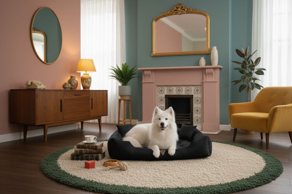 Legowisko dla psa OSKAR Comfortable wodoodporne z dwiema poduszkami gratis widok z góry Puszysty biały pies rasy Samoyed leży w legowisku Oskar w stylowym, kolorowym salonie z różowym kominkiem, turkusową ścianą i okrągłym dywanem