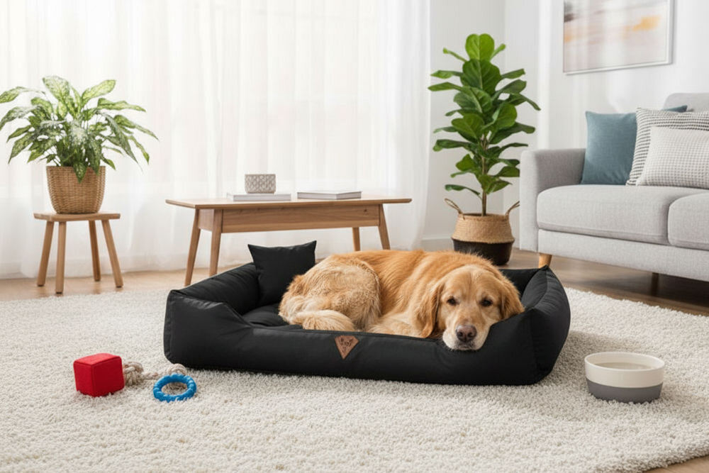 Legowisko dla psa OSKAR Comfortable wodoodporny materiał z poduszkami podczas użytkowania przez psa Złoty retriever leży na boku, z głową na boku legowiska Oskar w nowoczesnym, przytulnym salonie z jasnym dywanem, drewnianym stolikiem kawowym i szarą sofą