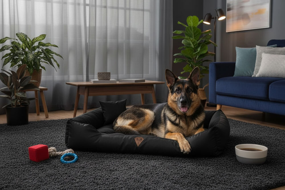 Legowisko dla psa OSKAR Comfortable materiał odporny na zadrapania zbliżenie na strukturę tkaniny Owczarek niemiecki (wilczur) leży, opierając łapy na boku legowiska Oskar na ciemnoszarym, włochatym dywanie. W tle granatowa kanapa i nowoczesna lampa podłogowa