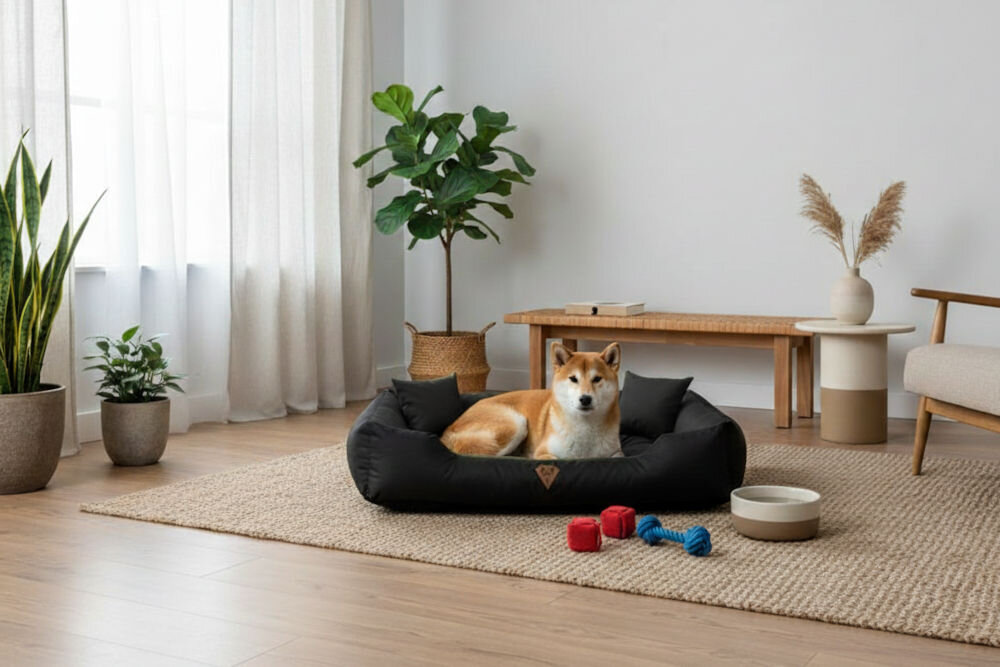 Legowisko dla psa OSKAR Comfortable czyszczenie mokrą szmatką usuwanie zabrudzeń Pies rasy Shiba Inu siedzi w legowisku Oskar na beżowym dywaniku. W tle nowoczesna, jasna przestrzeń z drewnianą ławą i roślinami