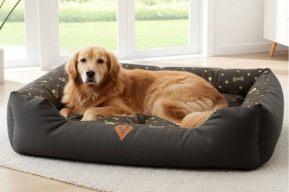 Legowisko dla psa OSKAR Premium wodoodporne z miękkim wypełnieniem widok całości Złoty retriever siedzi w ciemnym, prostokątnym legowisku z wysokimi brzegami. Legowisko ma wzór złotych łap i kości na wewnętrznej poduszce.
