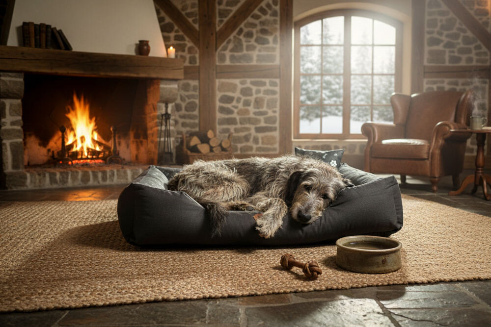 Legowisko dla psa OSKAR Premium miękkie wypełnienie pies odpoczywa komfortowo Duży, kudłaty pies rasy Wilczarz irlandzki leży w szarym legowisku w kształcie prostokąta, umieszczonym przed kominkiem z palącym się ogniem.