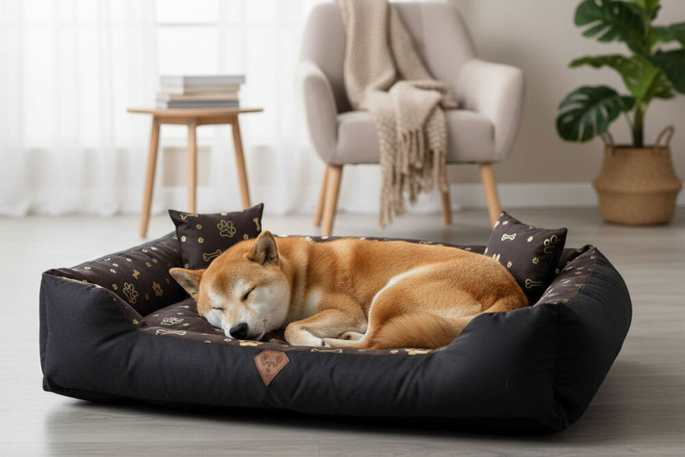 Legowisko dla psa OSKAR Premium czyszczenie mokrą szmatką łatwe usuwanie zabrudzeń Pies rasy Shiba Inu śpi zwinięty w ciemnym, prostokątnym legowisku z dwoma małymi poduszkami w rogu. Legowisko stoi na drewnianej podłodze, a w tle widać jasny fotel.