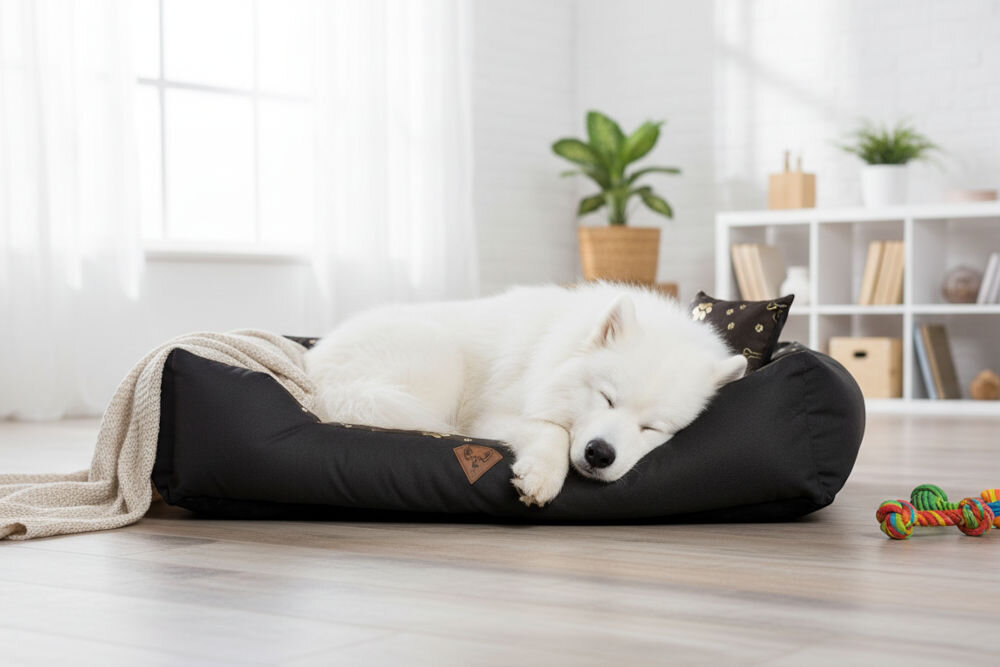 Legowisko dla psa OSKAR Premium estetyczny design pasujący do wystroju salonu i mieszkania Szczeniak rasy Samoyed śpi na boku na ciemnym legowisku z wysokimi brzegami, obok jest beżowy koc. Tło to jasne pomieszczenie z białym regałem.