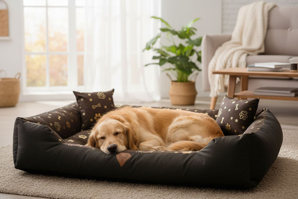 Legowisko dla psa OSKAR Premium wodoodporny materiał ochrona przed wilgocią i przemakaniem Złoty retriever śpi zwinięty w ciemnym, prostokątnym legowisku z wysokimi brzegami i wzorem złotych łap oraz kości. Legowisko stoi na jasnym dywanie w słonecznym salonie.