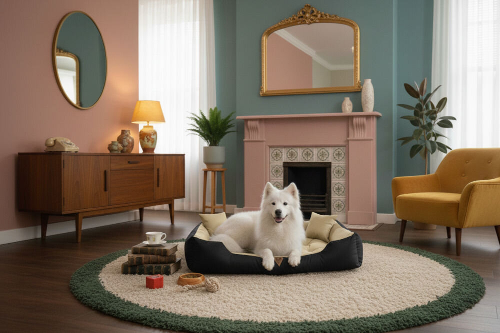 Legowisko dla psa OSKAR Comfortable wodoodporne z dwiema poduszkami gratis widok z góry Puszysty biały pies rasy Samoyed leży w legowisku Oskar w stylowym, kolorowym salonie z różowym kominkiem, turkusową ścianą i okrągłym dywanem