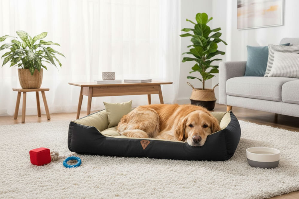 Legowisko dla psa OSKAR Comfortable wodoodporny materiał z poduszkami podczas użytkowania przez psa Złoty retriever leży na boku, z głową na boku legowiska Oskar w nowoczesnym, przytulnym salonie z jasnym dywanem, drewnianym stolikiem kawowym i szarą sofą