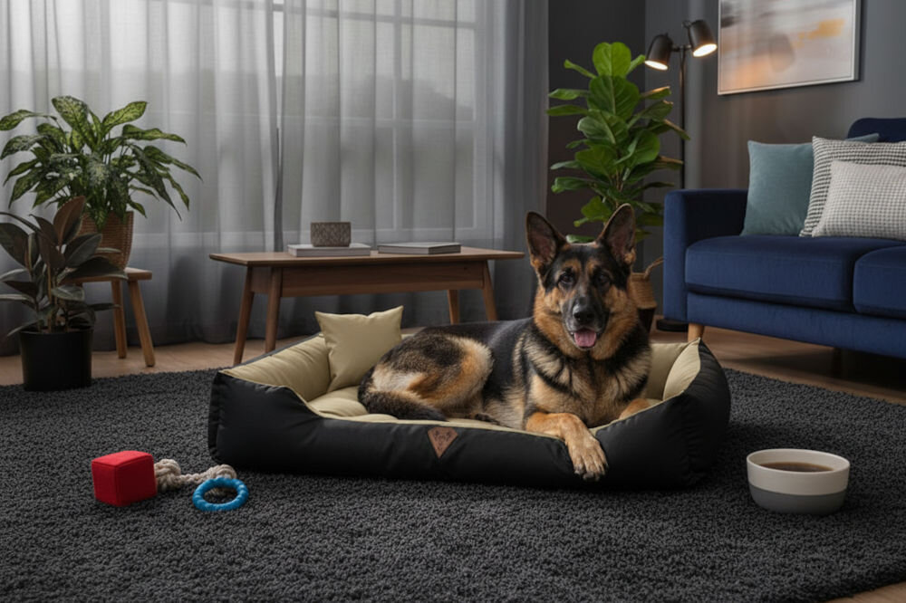 Legowisko dla psa OSKAR Comfortable materiał odporny na zadrapania zbliżenie na strukturę tkaniny Owczarek niemiecki (wilczur) leży, opierając łapy na boku legowiska Oskar na ciemnoszarym, włochatym dywanie. W tle granatowa kanapa i nowoczesna lampa podłogowa