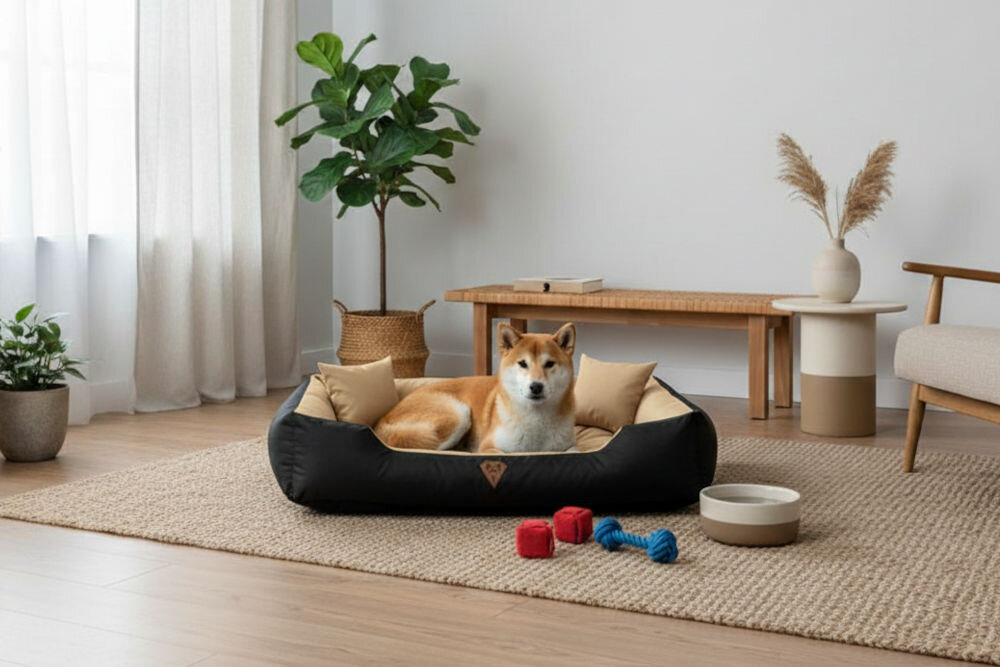 Legowisko dla psa OSKAR Comfortable czyszczenie mokrą szmatką usuwanie zabrudzeń Pies rasy Shiba Inu siedzi w legowisku Oskar na beżowym dywaniku. W tle nowoczesna, jasna przestrzeń z drewnianą ławą i roślinami