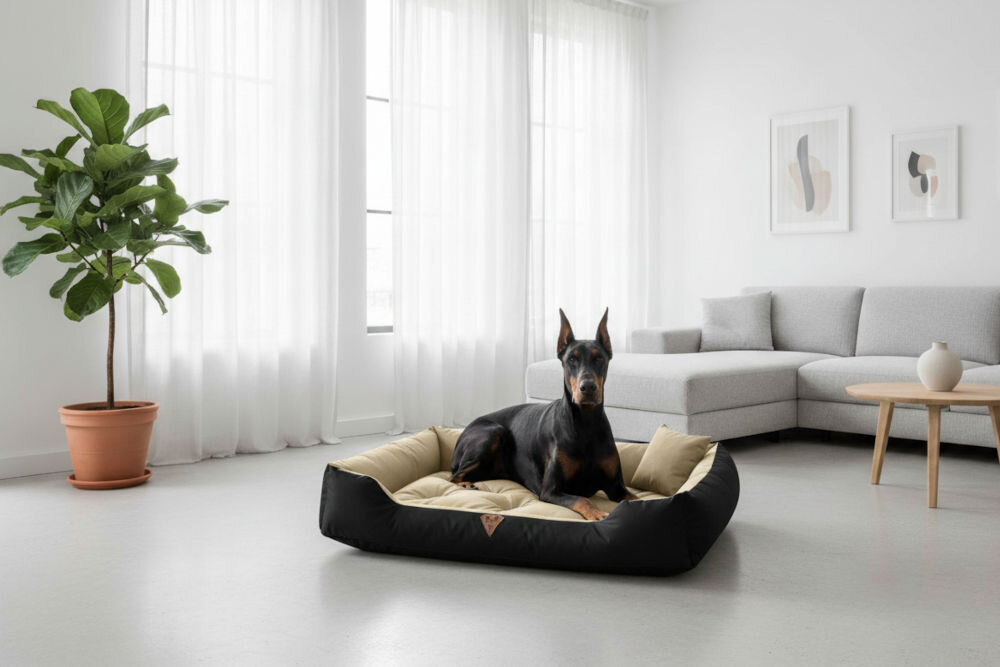 Legowisko dla psa OSKAR Comfortable różne kolory i wzory wkomponowane w wystrój wnętrza salonu Duży czarny doberman leży w legowisku Oskar w minimalistycznym, jasnym salonie z białą kanapą narożną, dużym oknem z firankami oraz wysoką rośliną (fikus) w donicy