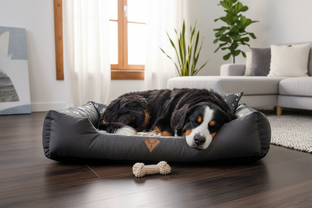 Legowisko dla psa OSKAR Premium czyszczenie mokrą szmatką łatwe usuwanie zabrudzeń Pies rasy Berneński Pies Pasterski leży i śpi w legowisku z poduszką. Legowisko stoi na ciemnej podłodze w jasnym salonie, z widokiem na sofę i rośliny w tle