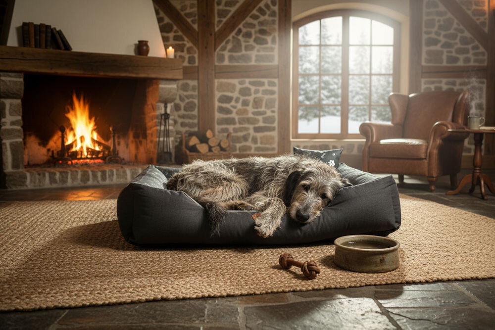 Legowisko dla psa OSKAR Premium wodoodporny materiał ochrona przed wilgocią i przemakaniem Duży, szorstkowłosy pies leży na brzuchu w legowisku. W tle rustkalny salon z kamiennymi ścianami, dużym kominkiem z palącym się ogniem i skórzanym fotelem przy oknie
