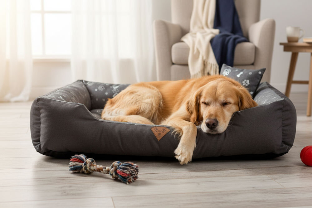 Legowisko dla psa OSKAR Premium wodoodporne z miękkim wypełnieniem widok całości Golden retriever leży i śpi w prostokątnym legowisku z naszywką. Legowisko znajduje się na jasnej, drewnianej podłodze. W tle widoczny beżowy fotel i duża ilość światła słonecznego wpadającego przez okno