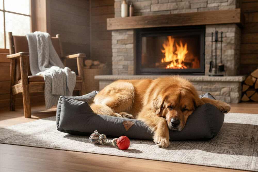 Legowisko dla psa OSKAR Premium miękkie wypełnienie pies odpoczywa komfortowo Duży, rudy pies leży, śpiąc w legowisku, na dywanie w przytulnym, górskim salonie. W tle widać kamienny kominek z palącym się ogniem oraz drewniany fotel