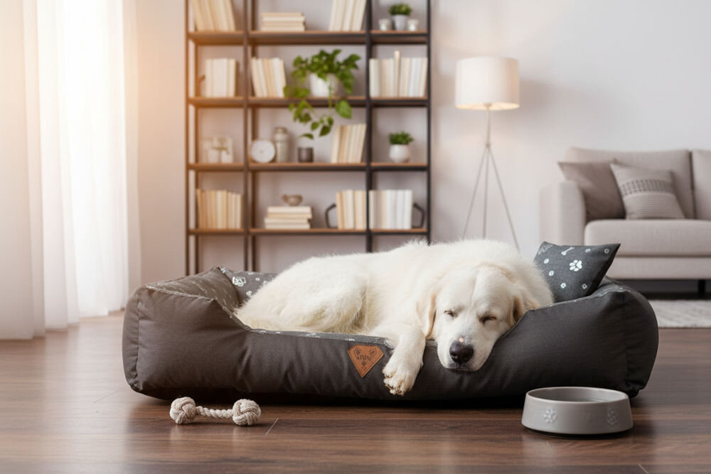 Legowisko dla psa OSKAR Premium estetyczny design pasujący do wystroju salonu i mieszkania Biały, długowłosy pies śpi, z głową opartą na boku, w dużym legowisku z poduszką we wzór łap. Legowisko stoi w jasnym salonie, na drewnianej podłodze, z regałem z książkami i lampą w tle