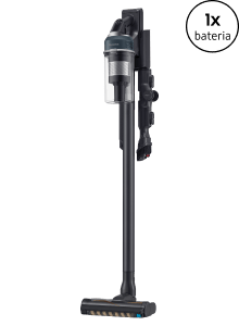Bezprzewodowy odkurzacz pionowy w kolorze czarnym z przezroczystym pojemnikiem na kurz. W prawym górnym rogu widnieje napis \'1x bateria\'.