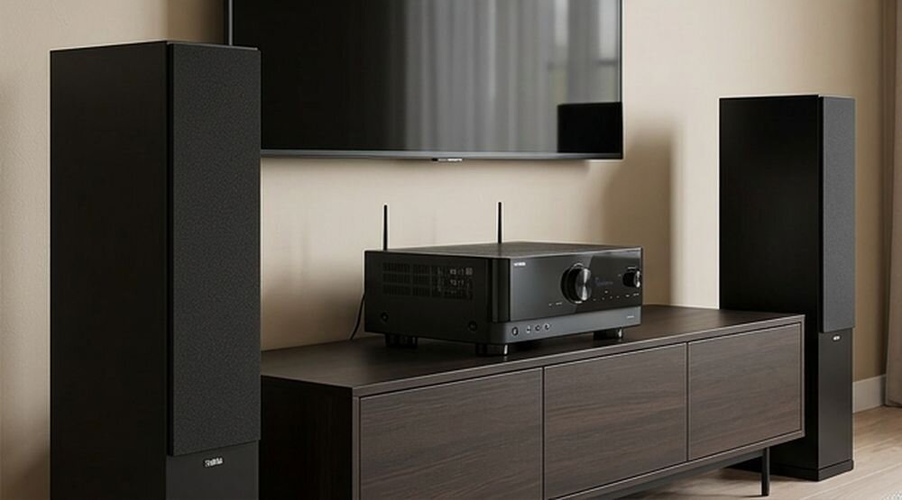 Zestaw stereo YAMAHA RX-V4A + INDIANA Line Tesi 5 Bluetooth Wi-Fi USB-A 4K 8K ARC eARC Dolby Vision HDR 10+, zestaw stojący w pomieszczeniu