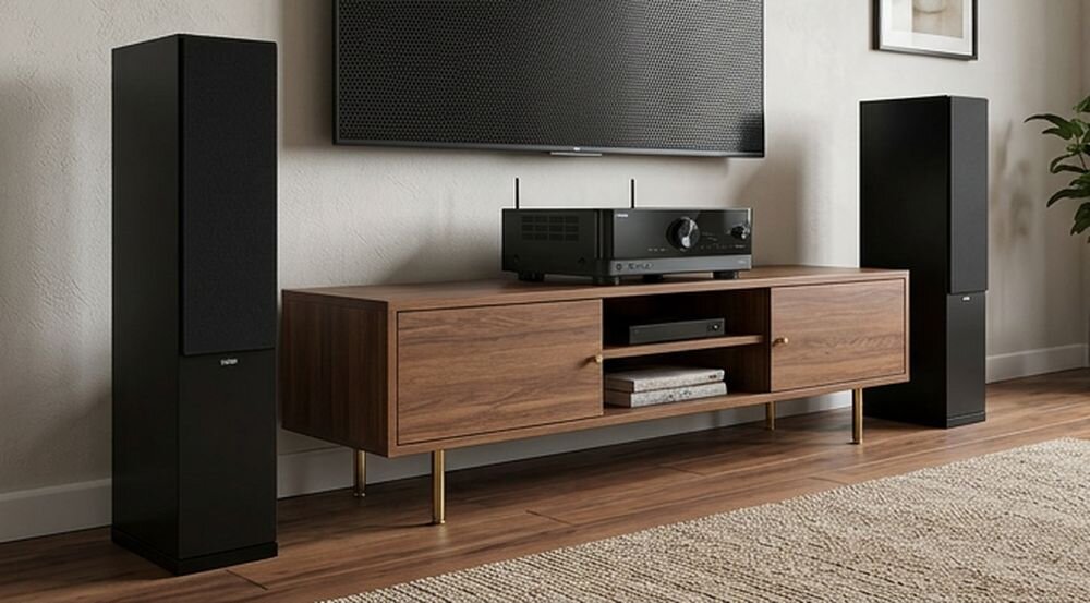 Zestaw stereo YAMAHA RX-V4A + INDIANA Line Tesi 5 radio DAB+ FM internetowe Spotify Tidal Qobuz Bluetooth AirPlay, zestaw stojący w pomieszczeniu