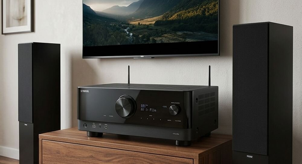 Zestaw stereo YAMAHA RX-V4A + INDIANA Line Tesi 5 system YPAO regulacja tonów Pure Direct Cinema DSP 3D, zestaw stojący w pomieszczeniu
