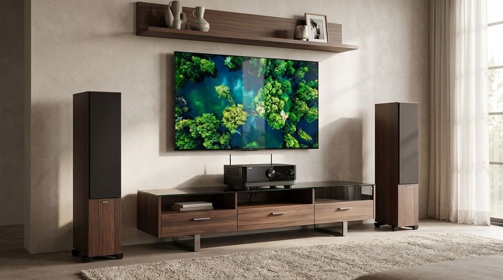 Zestaw stereo YAMAHA RX-V6A + INDIANA LINE Tesi 6 kino domowe brzmienie, zestaw stojący w pomieszczeniu