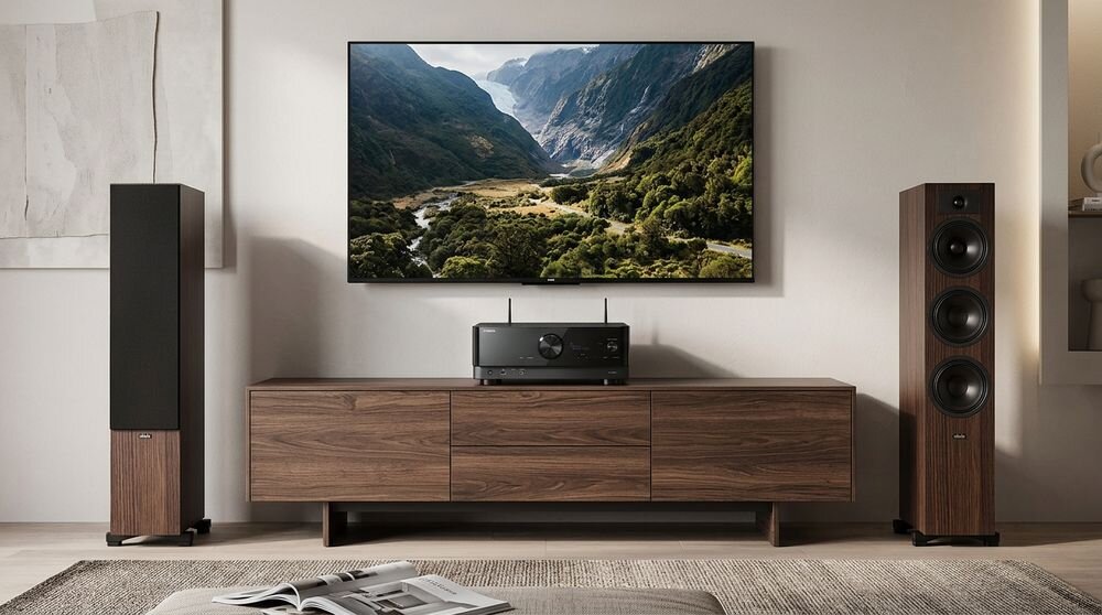 Zestaw stereo YAMAHA RX-V6A + INDIANA LINE Tesi 6 Dolby Atmos DTS X Cinema DSP, zestaw stojący w pomieszczeniu