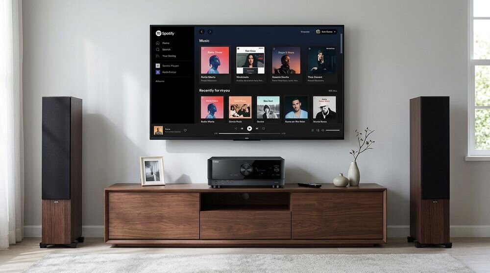 Zestaw stereo YAMAHA RX-V6A + INDIANA LINE Tesi 6 4K 8K Dolby Vision HDR 10+ HDMI, zestaw stojący w pomieszczeniu