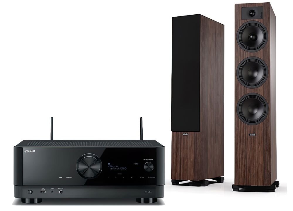 Zestaw stereo YAMAHA RX-V6A + INDIANA LINE Tesi 6 Bluetooth Wi-Fi USB Spotify Tidal, zestaw na białym tle
