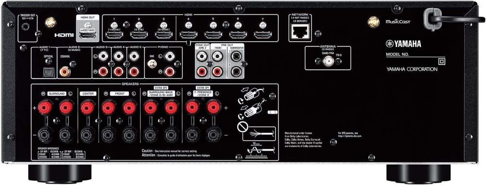 Zestaw stereo YAMAHA RX-V6A + INDIANA LINE Tesi 6 HDMI USB optyczne gramofonowe MM, amplituner od tyłu na białym tle