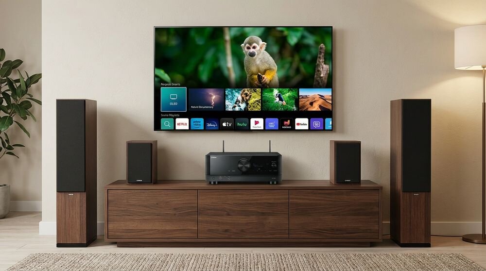 Zestaw stereo YAMAHA RX-V4A + INDIANA Line Tesi 5 Bluetooth Wi-Fi USB-A 4K 8K ARC eARC Dolby Vision HDR 10+, zestaw stojący w pomieszczeniu