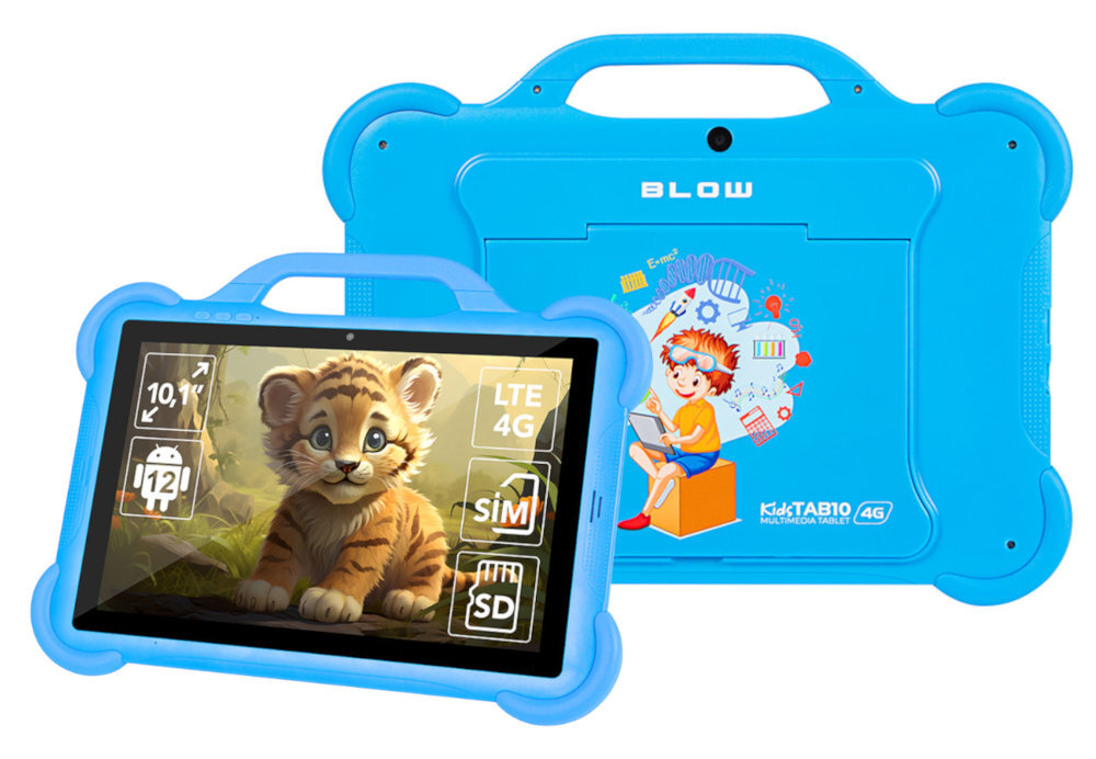 Tablet BLOW KidsTab 10 Niebieski Android 12 dostęp do usług oferowanych przez Google Google Play Store, Google Maps i Gmail nawigacją za pomocą gestów, kontrolą ustawień prywatności oraz opcją poprawy jakości dźwięku HBO MAX, Amazon Prime, Netflix, Disney+, YouTube, Facebook, Messenger, Snapchat