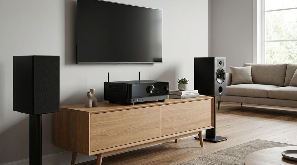 Zestaw stereo YAMAHA RX-V6A + INDIANA Line Tesi 3, amplituner 7.2, kolumny podstawkowe, zestaw w pomieszczeniu
