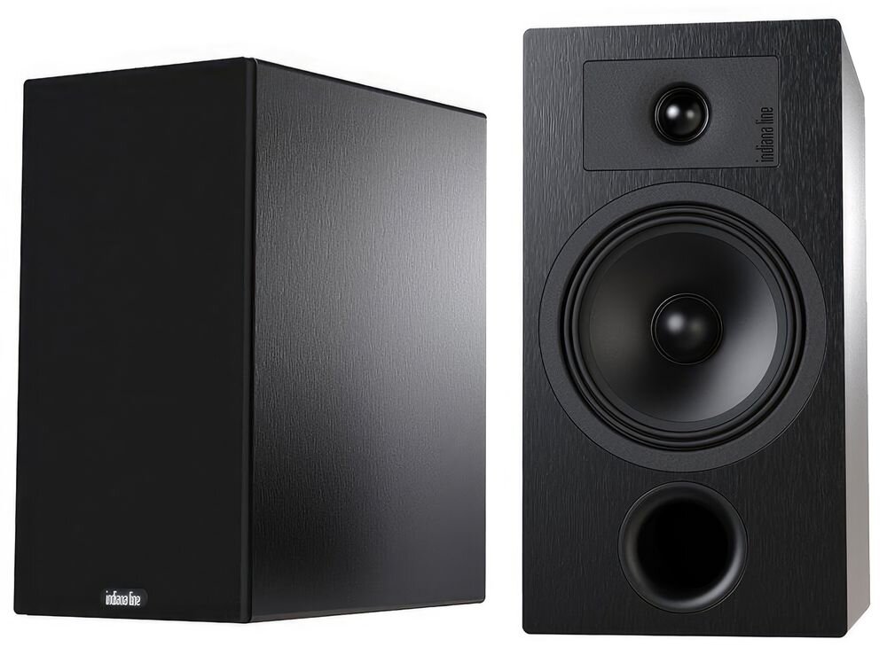 Zestaw stereo YAMAHA RX-V6A + INDIANA Line Tesi 3, kolumny MDF, 4–8 Ω, wymiary 18 x 34 x 27,5 cm, czarne, kolumny na białym tle