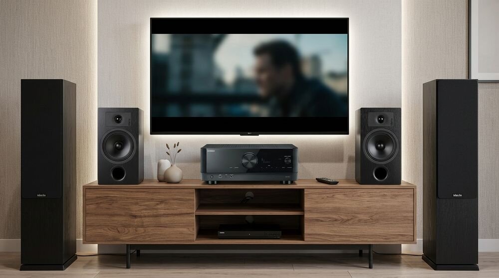 Zestaw stereo YAMAHA RX-V6A + INDIANA Line Tesi 3, 4K Pass Through, 8K, Dolby Vision, HDR 10+, eARC, zestaw w pomieszczeniu