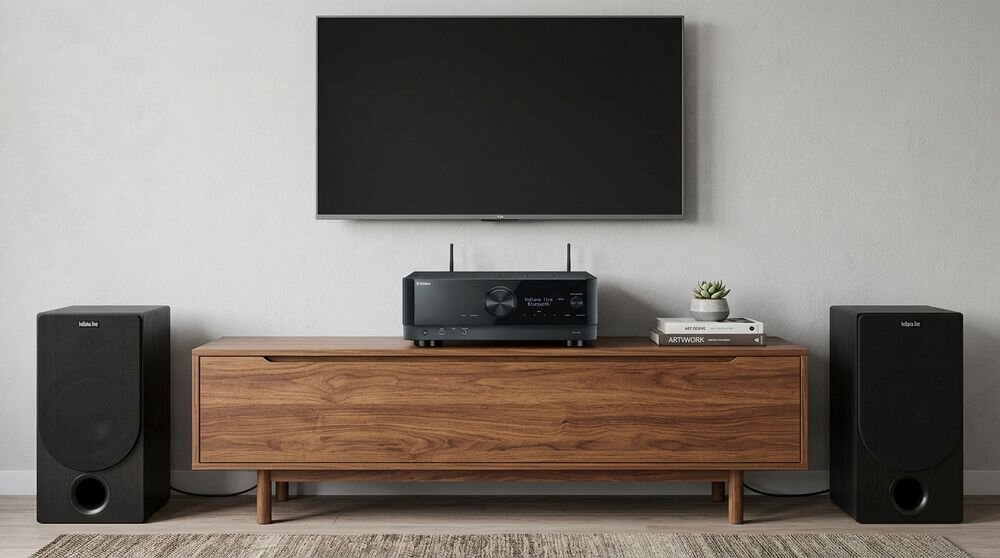 Zestaw stereo YAMAHA RX-V6A + INDIANA Line Tesi 3, Bluetooth, Wi-Fi, USB, radio DAB+, FM, AM, AirPlay, zestaw w pomieszczeniu