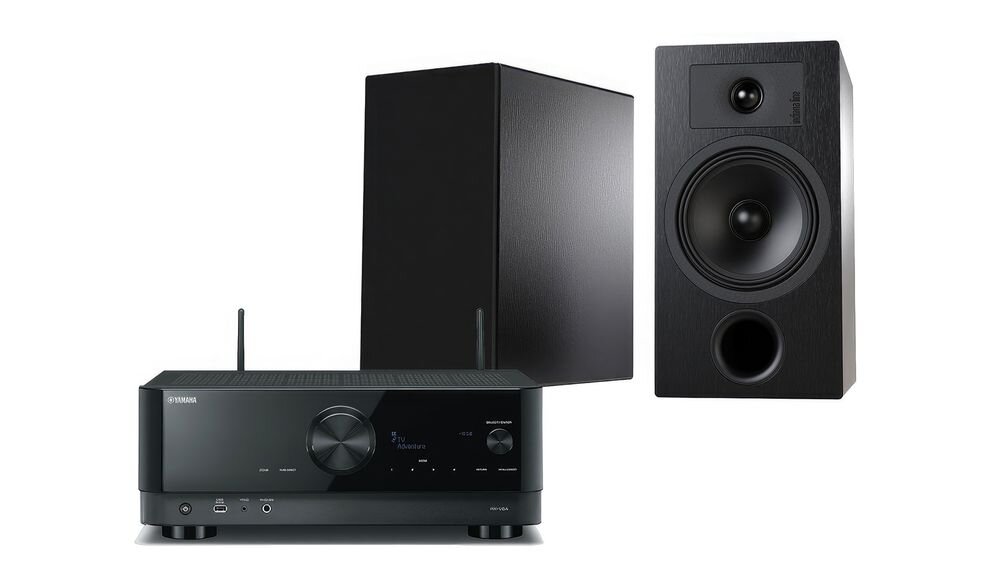 Zestaw stereo YAMAHA RX-V6A + INDIANA Line Tesi 3, MusicCast Multiroom, streaming, Amazon Music, Tidal, Spotify, zestaw na białym tle