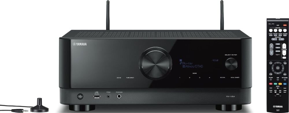 Zestaw stereo YAMAHA RX-V6A + INDIANA Line Tesi 3, 7.2 kanału, moc dynamiczna 100 W 8 Ω, wymiary 43,5 x 17,1 x 37,7 cm, amplituner na białym tle