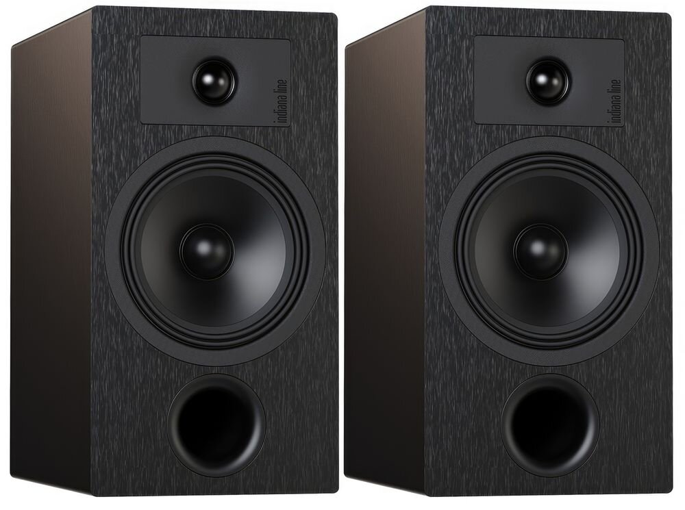 Zestaw stereo YAMAHA RX-V6A + INDIANA Line Tesi 3, czarne kolumny podstawkowe, pasywne, pasmo 45–22000 Hz, skuteczność 90 dB, kolumny na białym tle